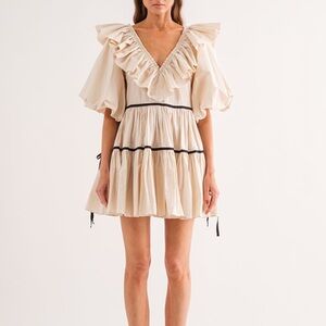 Sofie The Label Hazel Short Puff Sleeves Mini Dress Ruffle Beige Small READ